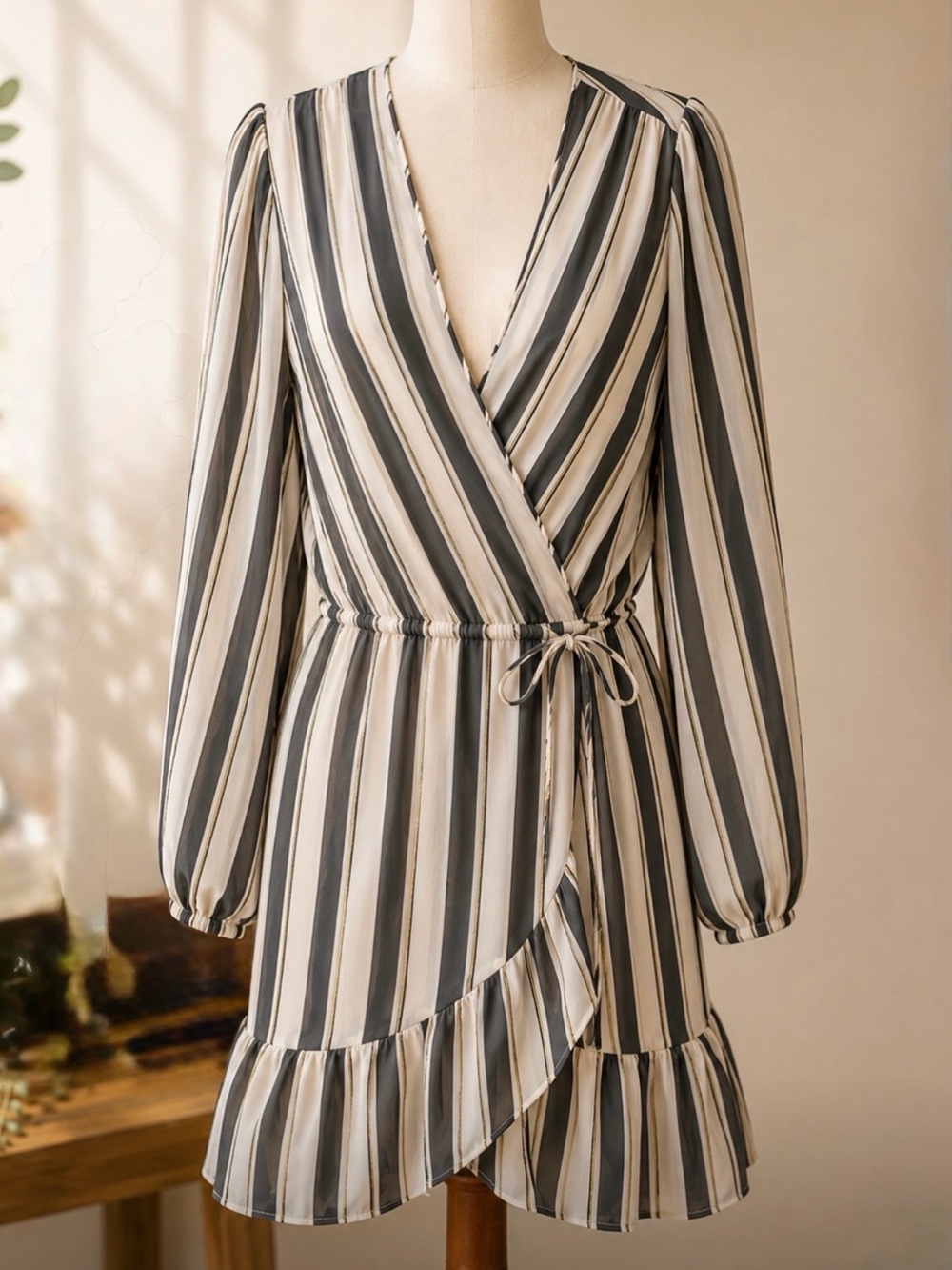 Blue Island Striped Faux Wrap Mini Dress | Cream Black Gold | M